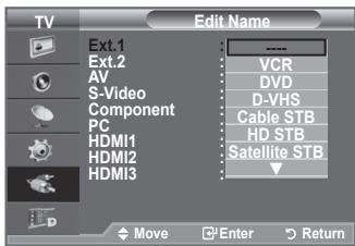 TV Edit Name Ext.1 VCR AV DVD S-Video D-VHS Component Cable STB PC HD STB HDMI1 Satellite STB HDMI2 HDMI3 Move Enter Return