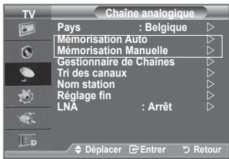 TV Chaine analogique Pays : Belgique ▶ Mémorisation Auto ▶ Mémorisation Manuelle ▶ Gestionnaire de Chaines ▶ Tri des canaux ▶ Nom station ▶ Réglage fin ▶ LNA : Arrêt ▶ Déplacer □ Entrer □ Retour