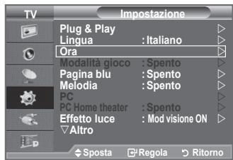 TV Impostazione Plug & Play Lingua : Italiano Ora Modalità gioco : Spento Pagina blu : Spento Melodia : Spento PC PC Home theater : Spento Effetto luce : Mod visione ON Altro ◆ Sposta Regola Ritorno