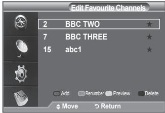 Edit Favourite Channels 2 BBC TWO ★ 7 BBC THREE ★ 15 abc1 ★ Add Renumber Preview Delete Move Return