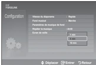 WISELINK Configuration Vitesse du diorama : Rapide Fond musical : Marche Paramètres de musique de fond Répéter la musique : Arrêt Écran de veille : 1 min 5 min 10 min Déplacer Entrer Retour