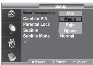 Setup Menu Transparency : Alto Cambiar PIN : Medio Parental Lock : Bajo Subtile : Opaco Subtile Mode : Normal Mover Entrar Volver