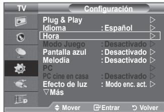 TV Configuración Plug & Play Idioma : Español Hora Modo Juego : Desactivado Pantalla azul : Desactivado Melodia : Desactivado PC PC cine en casa : Desactivado Efecto de luz : Modo enc. act. Más Mover Entrar Volver