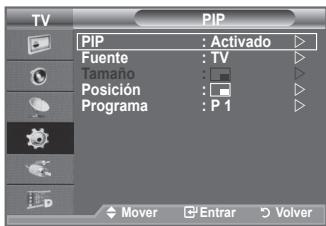 TV PIP PIP : Activado Fuente : TV Tamaño : Posición : Programa : P 1 Mover Enrar Volver