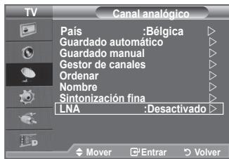 TV Canal analógico País :Bélgica Guardado automático Guardado manual Gestor de canales Ordenar Nombre Sintonización fina LNA :Desactivado Mover Entrar Volver