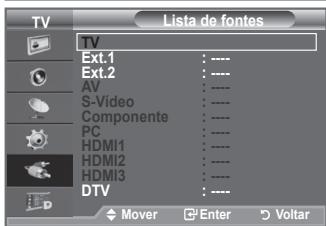 Lista de fontes TV Ext.1 Ext.2 AV S-Video Componente PC HDMI1 HDMI2 HDMI3 DTV Mover Enter Voltar