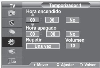 Temporizador 1 Hora encendido 00 : 00 No Hora apagado 00 : 00 No Repetir Volumen Una vez 10 Mover Ajustar Volver