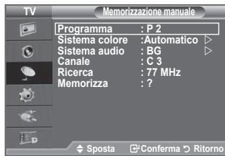 TV Memorizzazione manuale Programma : P 2 Sistema colore :Automatico Sistema audio :BG Canale :C 3 Ricerca :77 MHz Memorizza :?
