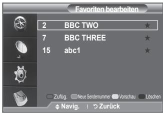Favoriten bearbeiten 2 BBC TWO ★ 7 BBC THREE ★ 15 abc1 ★ Zuflug. Neue Sendennummer Vorschau Löschen Navig. | Zurück