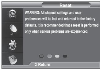 Reset WARNING: All channel settings and user preferences will be lost and returned to the factory defaults. It is recommended that a reset is performed only when serious problems are experienced. Return