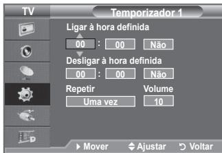 Temporizador 1 Ligar à hora definida 00 : 00 Não Desligar à hora definida 00 : 00 Não Repetir Volume Uma vez 10 Mover Ajustar Voltar