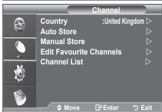 Channel Country :United Kingdom ▶ Auto Store ▶ Manual Store ▶ Edit Favourite Channels ▶ Channel List ▶ Move Enter Exit