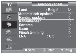 Analog kanaal Land : België Automatisch opslaan Handm. opslaan Kanaalbeheer Sorteren Naam Fijnafstemming LNA : Uit Verpl Enter Terug