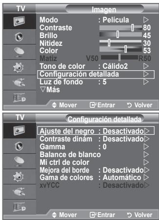 TV Imagen Modo : Película Contraste 80 Brillo 45 Nitidez 30 Color 53 Matiz V50 R50 Tono de color : Cálido2 Configuración detallada Luz de fondo : 5 Más TV Configuración detallada Ajuste del negro : Desactivado> Contraste dinám : Desactivado> Gamma : 0 Balance de blanco Mi ctrl de color Mejora del borde : Desactivado> Gama de colores : Automático xvYCC : Desactivado> Mover Entrar Volver