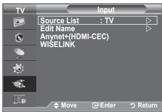 TV Source List : TV Edit Name Anynet+(HDMI-CEC) WISELINK Move Enter Return
