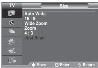TV Size Auto Wide 16 : 9 Wide Zoom Zoom 4 : 3 Just Scan Move Enter Return