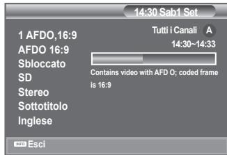 14:30 Sab1 Set 1 AFDO,16:9 AFDO 16:9 Sbloccato SD Stereo Sottotitolo Inglese Tutti i Canali A 14:30-14:33 Contains video with AFD O; coded frame is 16:9 Esci