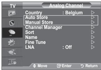 Analog Channel Country : Belgium Auto Store Manual Store Channel Manager Sort Name Fine Tune LNA : Off