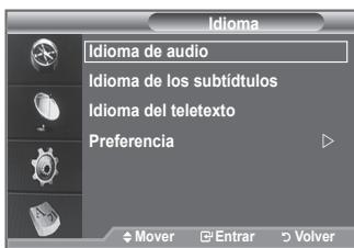 Idioma Idioma de audio Idioma de los subtítulos Idioma del teletexto Preferencia Mover Entrar Volver
