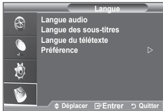 Langue Langue audio Langue des sous-titres Langue du télétexte Préférence Déplacer Entrer Quitter