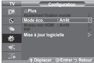 TV Configuration Plus Ajustement fixation murale Mode éco. : Arrêt Niveau noir HDMI : Arrêt PIP Mise à jour logicielle Déplacer Entrer Retour