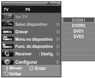 TV P9 Ver TV Select.dispositivo Gravar Menu no dispositivo Func. do dispositivo Receiver : Deslig. Configurar Mover Enter Voltar DVDR1 DVDR2 DVD1 DVD2