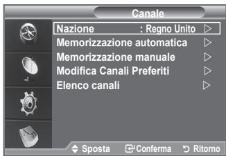 Canale Nazione : Regno Unito ▶ Memorizzazione automatica ▶ Memorizzazione manuale ▶ Modifica Canali Preferiti ▶ Elenco canali ▶ Sposta □ Conferma ▶ Ritorno