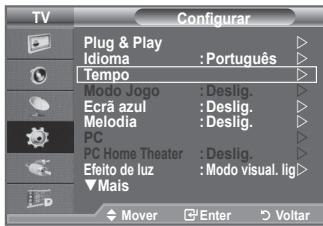 TV Configurar Plug & Play Idioma : Português Tempo Modo Jogo : Deslig. Ecrã azul : Deslig. Melodia : Deslig. PC PC Home Theater : Deslig. Efeito de luz : Modo visual. lig Mais Mover Enter Voltar