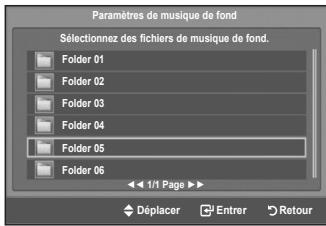 Paramètres de musique de fond Sélectionnez des fichiers de musique de fond. Folder 01 Folder 02 Folder 03 Folder 04 Folder 05 Folder 06 1/1 Page ▶ Déplacer Enterr Retour
