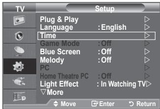 TV Setup Plug & Play Language : English Time Game Mode : Off Blue Screen : Off Melody : Off PC Home Theatre PC : Off Light Effect : In Watching TV More Move Enter Return