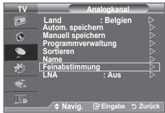 TV Analogkanal Land : Belgien Autom. speichern Manuell speichern Programmverwaltung Sortieren Name Feinabstimmung LNA : Aus Navig. Eingabe Zurück