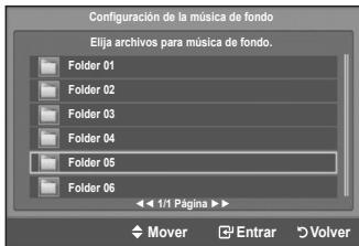 Configuración de la música de fondo Elija archivos para música de fondo. Folder 01 Folder 02 Folder 03 Folder 04 Folder 05 Folder 06 << 1/1 Página >> Mover Entrar Volver