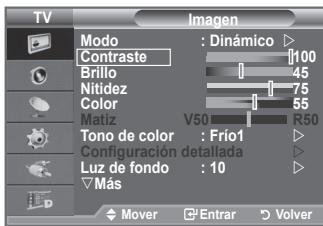 TV Imagen Modo : Dinámico ▶ Contraste 100 Brillo 45 Nitidez 75 Color 55 Matiz V50 R50 Tono de color : Frío1 ▶ Configuración detallada ▶ Luz de fondo : 10 ▶ Más ▶ Mover ▶ Entrar ▶ Volver