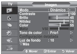 TV Imagen Modo : Dinámico Contraste 100 Brillo 45 Nitidez 75 Color 55 Matiz V50 R50 Tono de color : Frío1 Configuración detallada Luz de fondo : 10 ▼Mas Mover ▼Entrar ▶Volver