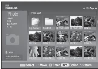 USELINK Photo 106:53 2:58 Dec 20, 2006 4 / 25 Photo 0001 Up Folder Forder1 Photo 0001 Photo 0001 None File 4 File 5 File 6 File 7 File 8 File 9 File 10 File 11 File 12 File 13 Select Move Enter INFO Option Return