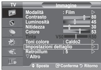 TV Imagine Modalità : Film Contrasto 80 Luminosità 45 Nitidezza 30 Colore 53 Tinta V50 R50 Toni colore : Caldo2 Impostazioni dettaglio Retroillum : 5 Altro Sposta Conferma Ritorno