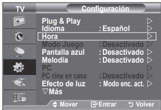 TV Configuración Plug & Play Idioma : Español Hora Modo Juego : Desactivado Pantalla azul : Desactivado Melodía : Desactivado PC PC cine en casa : Desactivado Efecto de luz : Modo enc. act. Más Mover Entrar Volver