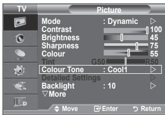 TV Picture Mode : Dynamic Contrast 100 Brightness 45 Sharpness 75 Colour 55 Tint G50 R50 Colour Tone : Cool1 Detailed Settings Backlight : 10 More Move Enter Return
