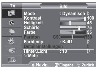 TV Mode : Dynamisch ▶ Kontrast 100 Helligkeit 45 Scharfe 75 Farbe 55 Farbton G50 R50 Farbtemp. : Kalt1 ▶ Detaileinstellungen ▶ Hinter.Licht : 10 ▶ Mehr Navig. Eingabe Zurück