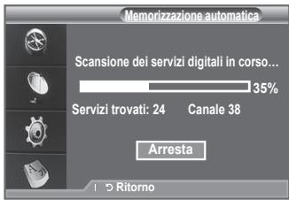 Memorizzazione automatica Scansione dei servizi digitali in corso... 35% Servizi trovati: 24 Canale 38 Arresta 1 5 Ritorno