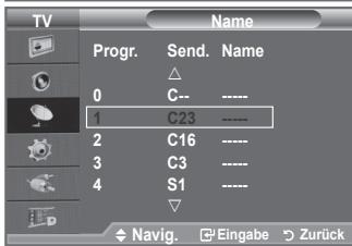 TV Progr. Send. Name 0 C-- ---- 1 C23 ---- 2 C16 ---- 3 C3 ---- 4 S1 ---- Navig. Eingabe Zurück