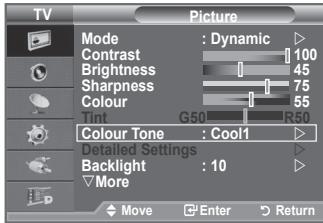 TV Picture Mode : Dynamic Contrast 100 Brightness 45 Sharpness 75 Colour 55 Tint G50 R50 Colour Tone : Cool1 Detailed Settings Backlight 10 More Move Enter Return