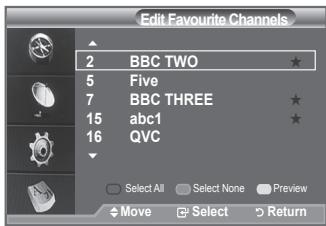 Edit Favourite Channels 2 BBC TWO ★ 5 Five 7 BBC THREE ★ 15 abc1 ★ 16 QVC Select All Select None Preview Move Select Return