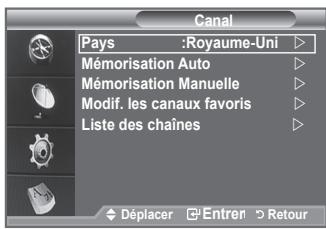 Canal Pays :Royaume-Uni Mémorisation Auto Mémorisation Manuelle Modif. les canaux favoris Liste des chaînes Déplacer Entren Retour