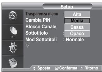 Setup Trasparenza menu : Alta Cambia PIN : Media Blocco Canale : Bassa Sottotitolo : Opaco Mod Sottotitoli : Normale Sposta Conferma Ritorno