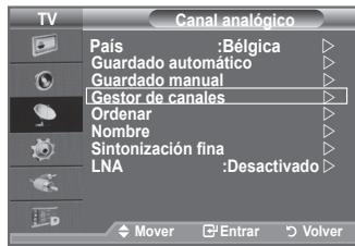 TV Canal analógico País :Bélgica Guardado automático Guardado manual Gestor de canales Ordenar Nombre Sintonización fina LNA :Desactivado Mover Enrar Volver