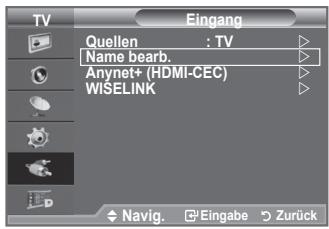TV Eingang Quellen : TV Name bearb. Anynet+ (HDMI-CEC) WiSELINK Navig. Eingabe Zurück