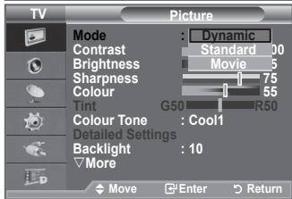 TV Picture Mode : Dynamic Contrast Standard 100 Brightness Movie 5 Sharpness 75 Colour 55 Tint G50 R50 Colour Tone Cool1 Detailed Settings Backlight 10 More Move Enter Return