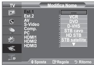 TV Modifica Nome Est.1 Est.2 AV S-Video Comp. PC HDMI1 HDMI2 HDMI3 VCR DVD D-VHS STB cavo HD STB STB satellite Sposta Regola Ritorno