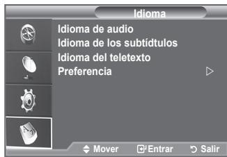 Idioma Idioma de audio Idioma de los subtítulos Idioma del teletexto Preferencia Mover Enrar Salir